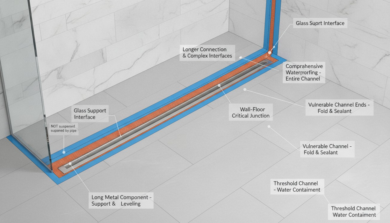 Linear shower drain waterproofing interface showing channel ends, wall-floor junctions and glass supports